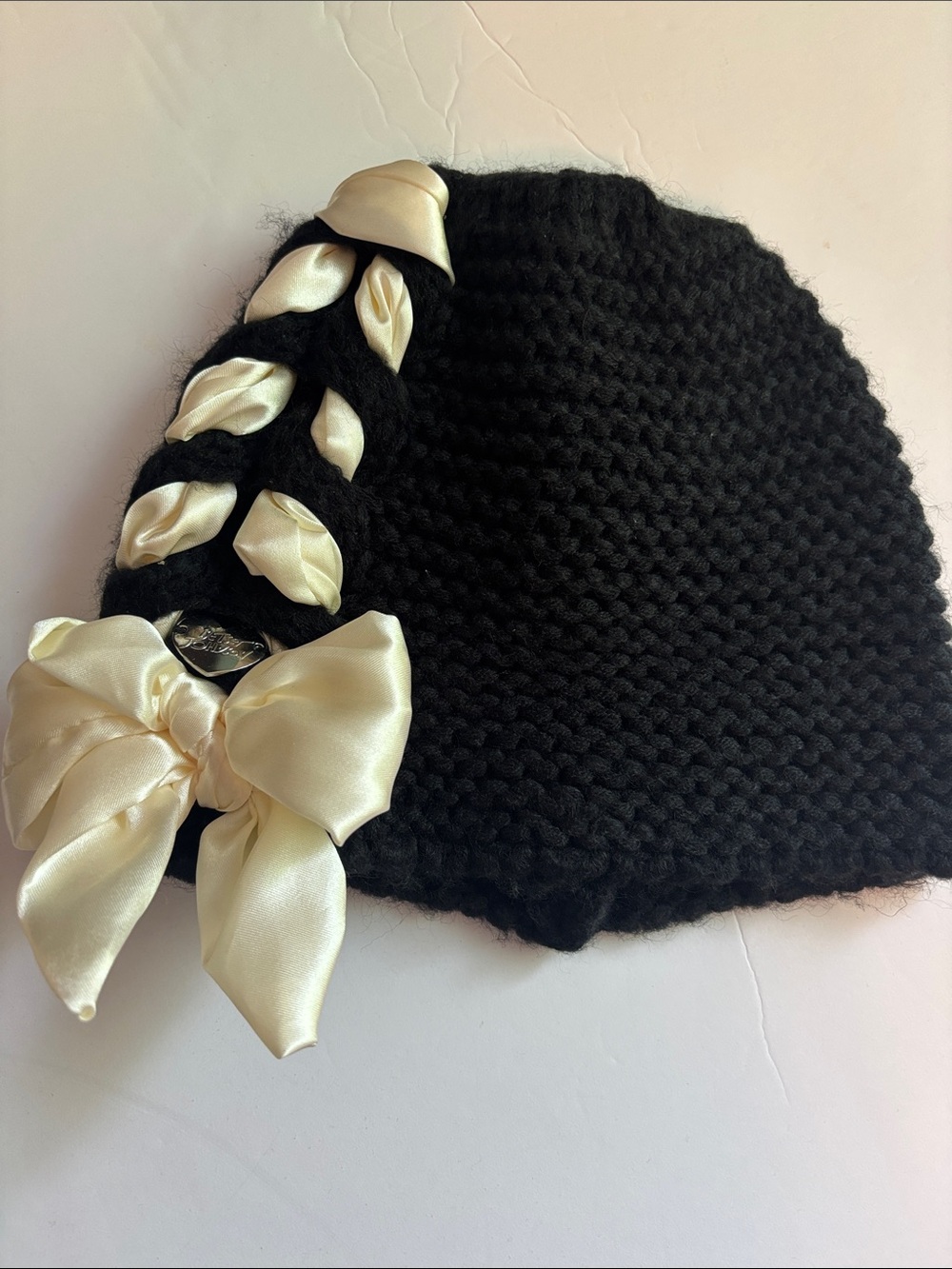 Betsey Johnson Black Knit Beanie with Ivory Satin Bow